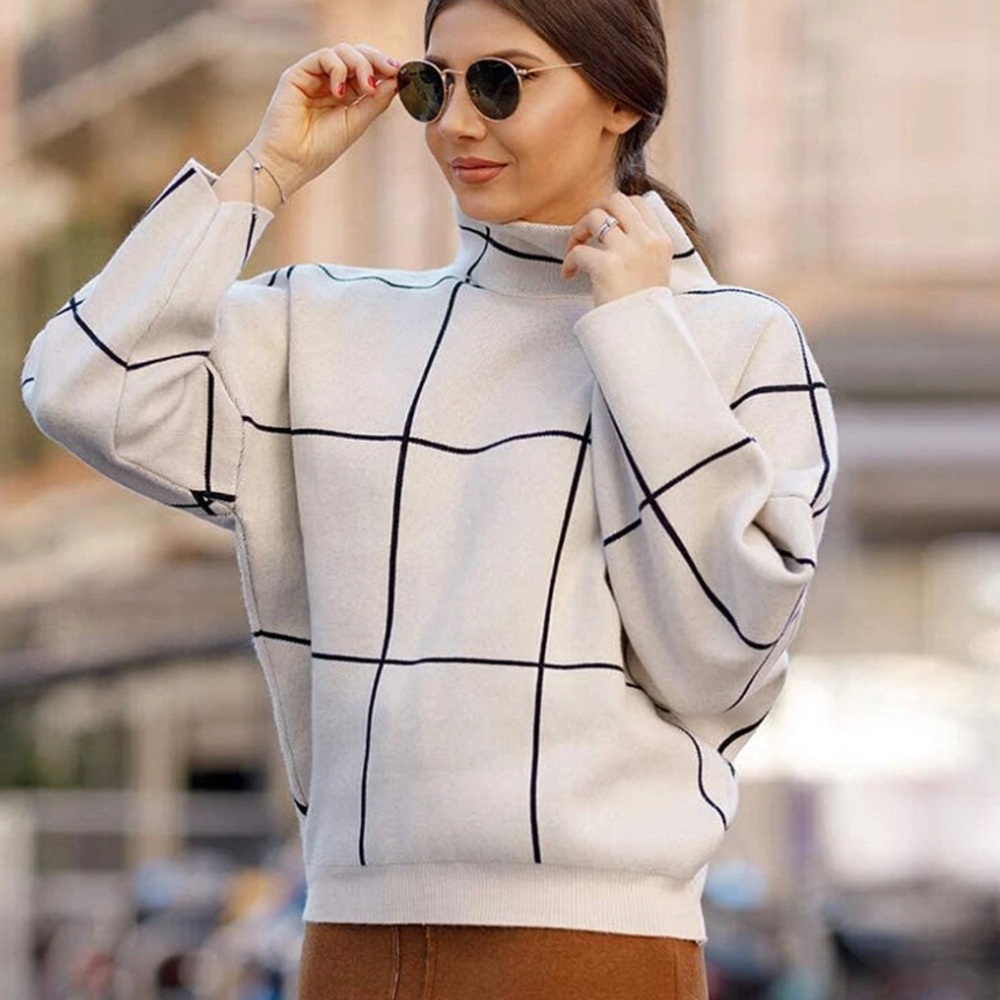 Chickwish Ivory Black Window Pane Mock Neck Sweater